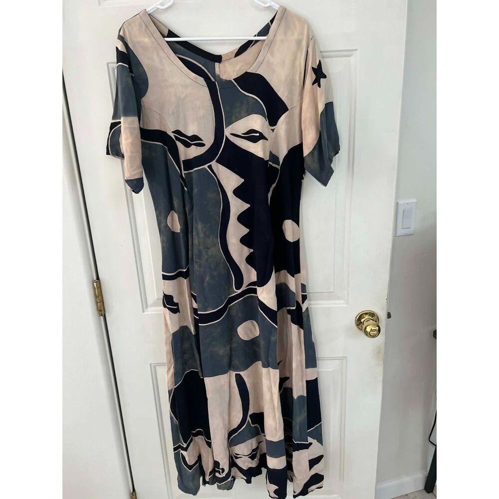 Abstract Artsy Blue Tan Maxi Dress Large Unique Ocean Beach Coastal Unbranded